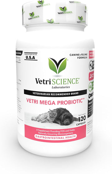 VetriScience Laboratories Vetri Mega Probiotic and Prebiotic for Dogs and Cats, 120 Capsules - Digestive Relief - Easy to Give Capsules - GI Support