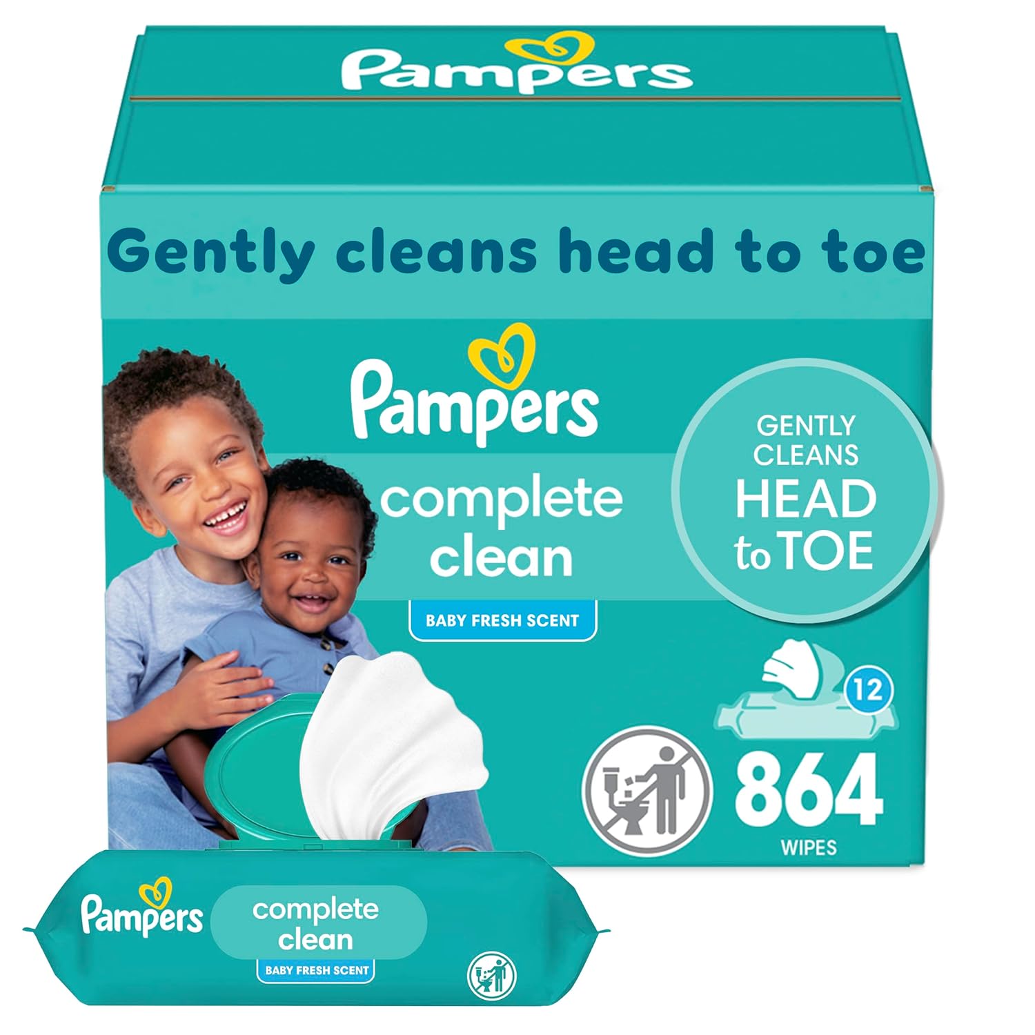 Pampers Baby Wipes, Complete Clean Baby Fresh Scented Wipe, Gently Cleans Head To Toe, 864 Total (12 Flip-Top Packs)