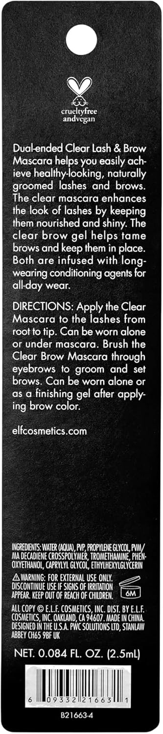 E.L.F. Clear Brow & Lash Mascara, Glossy, Shiny, Lightweight, Easy To Use, Conditions Hairs, Gives Brows Soft Flexible Hold, Compact, All-Day Wear 2.5Ml, Crystal (Clear)