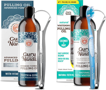 Gurunanda Advanced Formula Oil Pulling (8Fl. Oz) With Tongue Scraper And Coconut Oil Pulling- Coconut And Peppermint Oil Pulling (8Fl. Oz) For Healthyteeth & Gums- Helps With Bad Breath