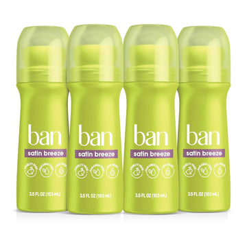 Ban Satin Breeze 24-hour Invisible Antiperspirant, 3.5oz Roll-on Deodorant for Women and Men, 4-pack, Underarm Wetness Protection, with Odor-fighting Ingredients