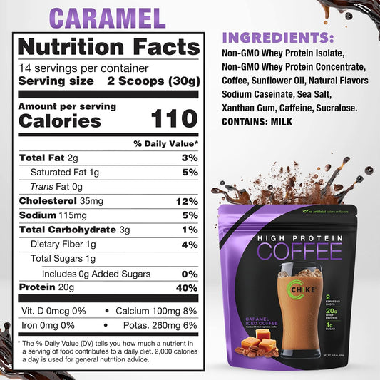 Chike Caramel High Protein Iced Coffee, 20 G Protein, 2 Shots Espresso, 1 G Sugar, Keto Friendly and Gluten Free, 14 Servings (14.8 Ounce)