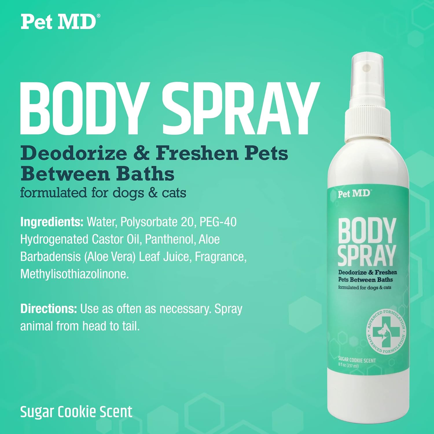 Pet MD Body Spray for Dogs & Cats - Deodorizing Dog Perfume Reduces Static & Eliminates Odor - Long-Lasting Pet Cologne Spray for Dogs - Sugar Cookie Scent - 8 oz : Pet Supplies