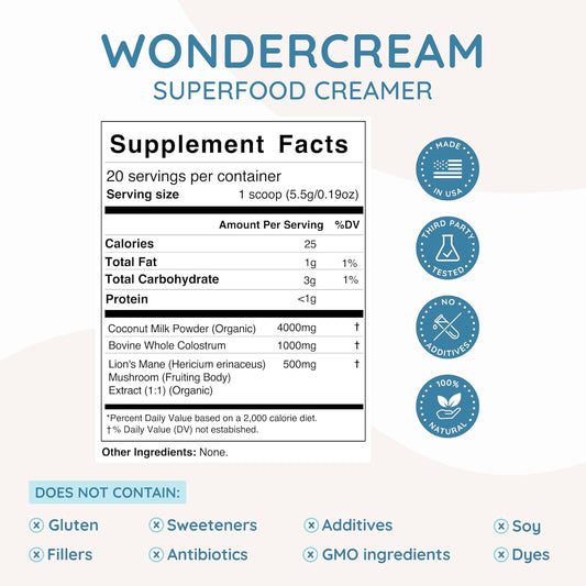 Wondercow Wondercream Bovine Colostrum Creamer Powder Supplement For Gut Health, Focus, Clean Energy & Wellness Unsweetened + Milk Frother High Powered Hand Mixer