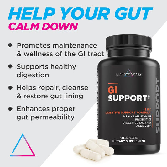 Livingood Daily Gut Cleanse Detox Supplement, 13-In-1 Gi Support With L Glutamine, Aloe Vera, Digestive Enzymes, Probiotics & Msm, Vegetarian Capsules, Gluten Free, Non Gmo, Allergen Free, 120 Count