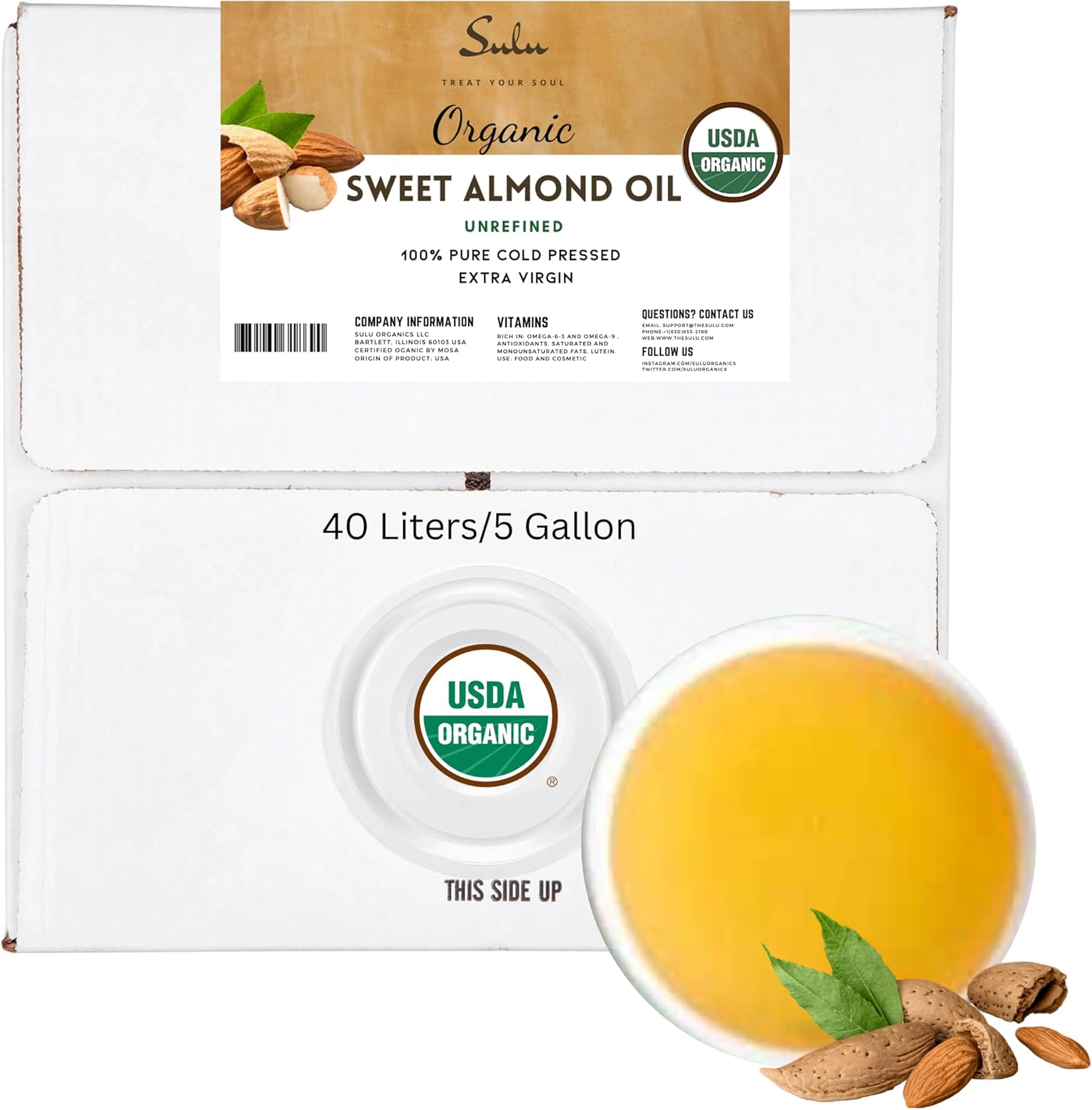 16 Liters/5 Gallons of Certified Organic Unrefined Cold Pressed Sweet Almond Oil : Beauty & Personal Care