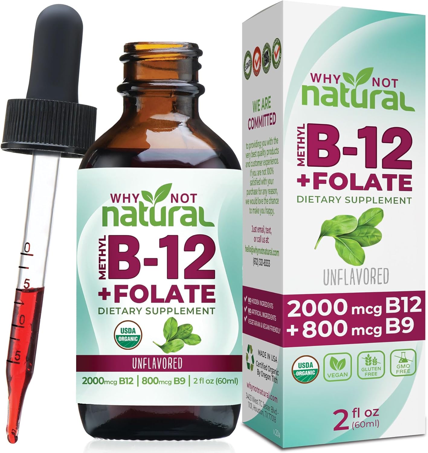 Why Not Natural Vitamin B12 Liquid Plus Folate - Organic Sublingual Extra Strength Vegan Drops - Methyl B12 And Folinic Supplement