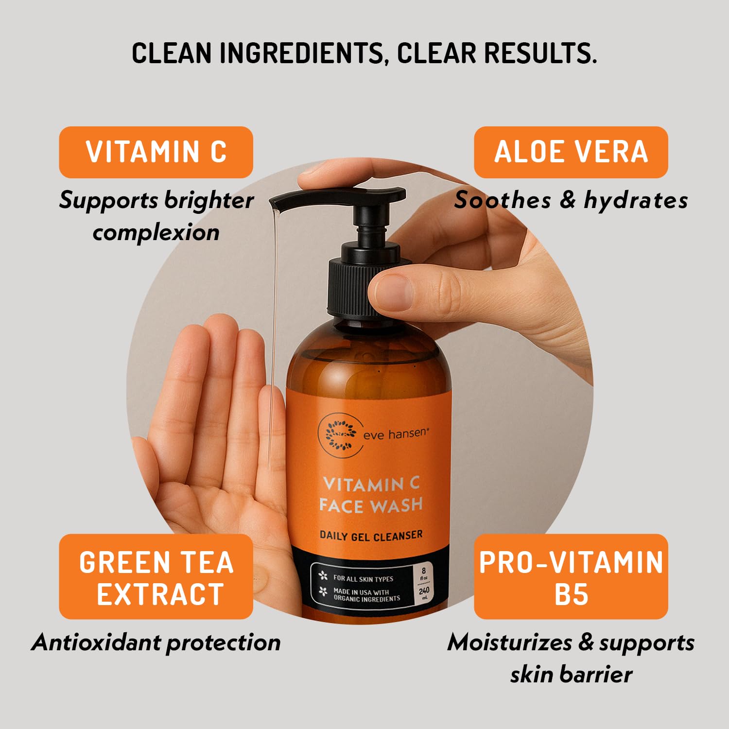 Vitamin C Cleanser Face Wash - Huge 8 Oz Gentle Facial Cleansing Gel For Uneven Skin Tone, Age Spots And Fine Lines - Natural Face Soap With Aloe Vera, Green Tea, Ginseng : Beauty & Personal Care