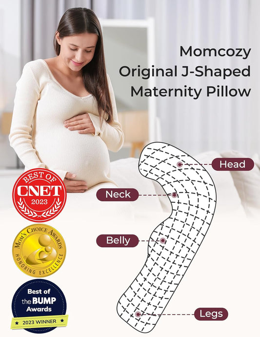 Momcozy Pregnancy Pillows With Cooling Cover, J Shaped Maternity Body Pillow For Pregnancy, Pregnancy Must Haves, Side Sleeper Pillow For Belly Hip Legs Support