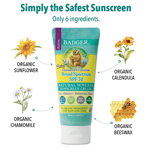 Badger - Spf 30 Baby Sunscreen Cream With Zinc Oxide - Broad Spectrum & Water Resistant, Reef Safe Sunscreen, Natural Mineral Sunscreen With Organic Ingredients 2.9 Fl Oz