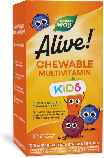 Nature'S Way Alive! Children'S Daily Chewable Multivitamin, Supports Bone, Eye, And Immune Health*, Orange & Berry Fruit Flavored, Gluten Free, 120 Chewable Tablets (Packaging May Vary)