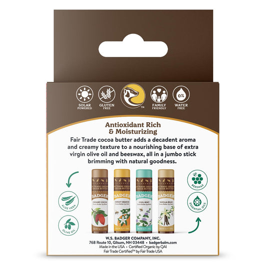 Badger - Cocoa Butter Lip Balm Set, Fair Trade, Certified Organic Lip Butter, Flavored, Cocoa, Vanilla, Orange, Mint, 0.25 Oz (4 Pack)