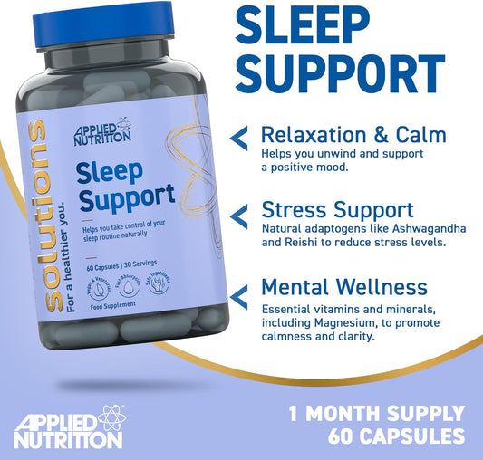 Applied Nutrition - Solutions - Sleep Support - Vegan Capsules With Magnesium, L-Theanine, Chamomile, Lemon Balm & Glycine – Natural Sleep Aid & Stress Relief (60 Capsules – 30 Servings)