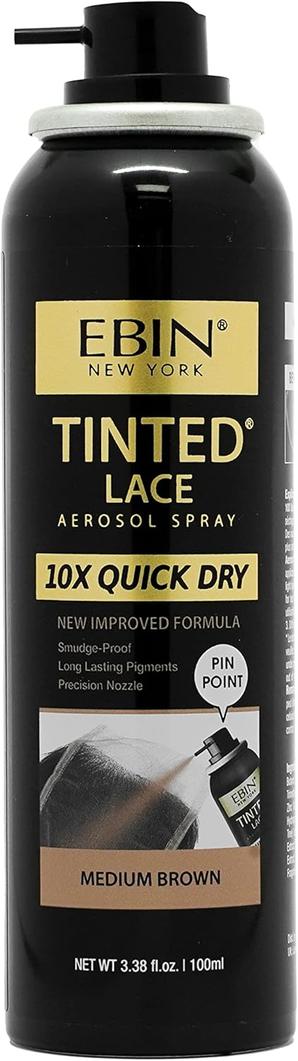 Ebin New York Tinted Lace Spray - Quick Dry, Water Resistant, No Residue, Even Application, Matching Skin Tone, Natural Look (3.38 Oz/100Ml - Medium Brown)