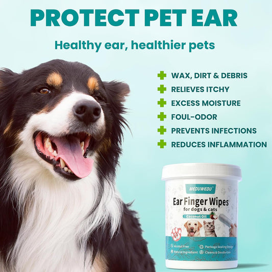 Ear Cleaner Finger Wipes 60 Counts, Dog Ear Cleaner, Grooming Kit Care For Dogs And Cats, Soft & Easy Otic Cleaning Pads, Remove Wax, Dirt & Stop Smelly, Itchy, Non-Irritating, Coconut Scent