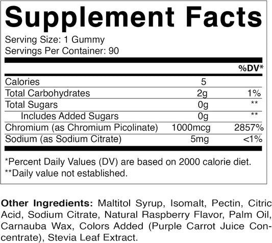 Vitamatic Chromium Picolinate 1000 mcg - 90 Gummies - High Potency Chromium - Raspberry Flavor