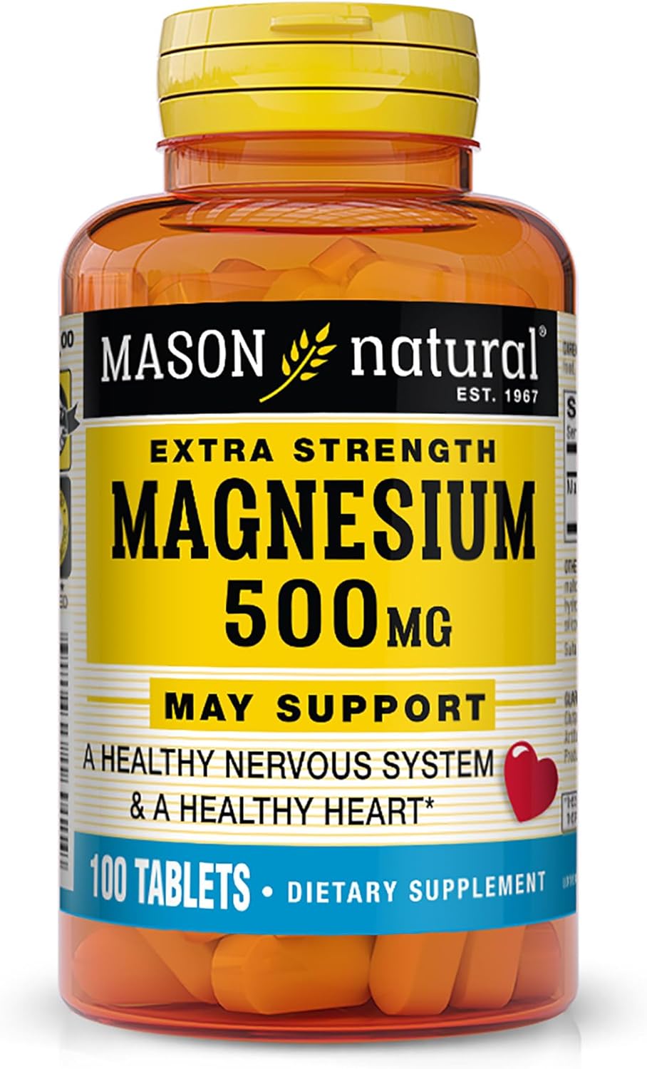 Mason Natural Magnesium 500 mg Extra Strength - Healthy Heart and Nervous System, Improved Muscle Function and Recovery, Essential Nutrient, 100 Tablets