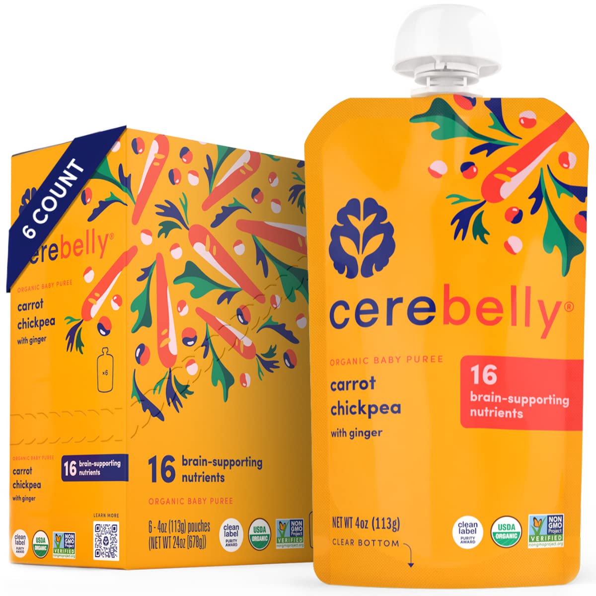 Cerebelly Baby Food Pouches – Organic Carrot Chickpea with Ginger (4 oz, Pack of 6) - Toddler Snacks - 16 Brain-supporting Nutrients, Healthy Snacks, Made with Gluten-Free Ingredients, No Added Sugar