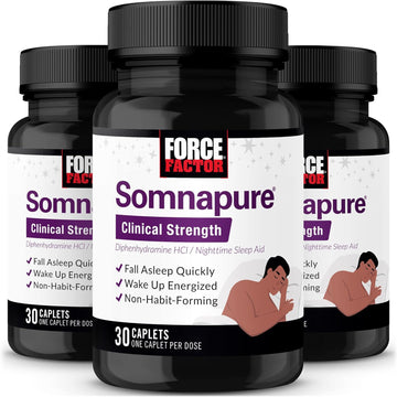 Force Factor Somnapure Clinical Strength, Sleep Aid for Adults with #1 Doctor-Recommended Sleeping Pill Ingredient Diphenhydramine HCl, Non-Habit-Forming, Nighttime Sleep Support, 30 Count Pack of 3