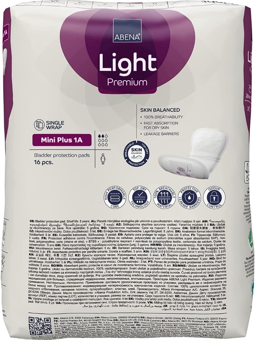 Abena Light Incontinence Pads, Eco-Labelled Women's Incontinence Pads Adults, Breathable & Comfortable with Fast Absorption & Protection, Incontinence Pads Women, Mini Plus 1A, 200ml 16PK : Amazon.co.uk: Health & Personal Care