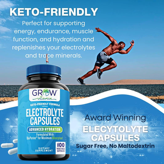 Grow Vitamin Electrolyte Capsules – Sugar-Free Electrolyte Tablets For Energy, Endurance & Hydration. Keto-Friendly Salt Pills, No Maltodextrin. Perfect For Fitness & Daily Hydration – 100 Caps