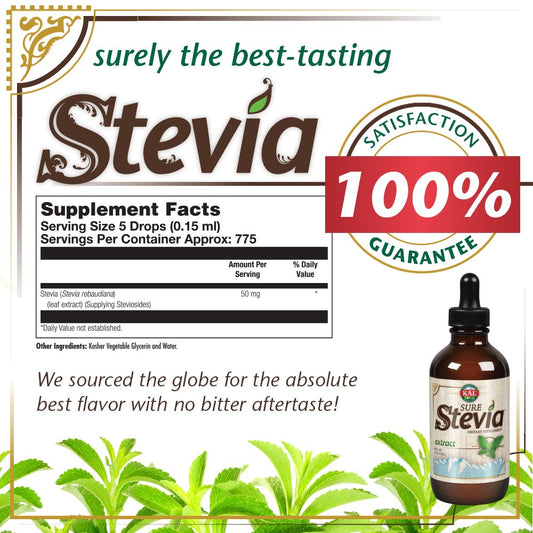 Kal Sure Stevia Extract Zero Calorie Sweetener, Low Carb, Plant Based Liquid Stevia Drops, Great Taste, Zero Sugar, Low Glycemic & Perfect For A Keto Diet, 60-Day Guarantee, Approx. 1555 Servings, 8Oz