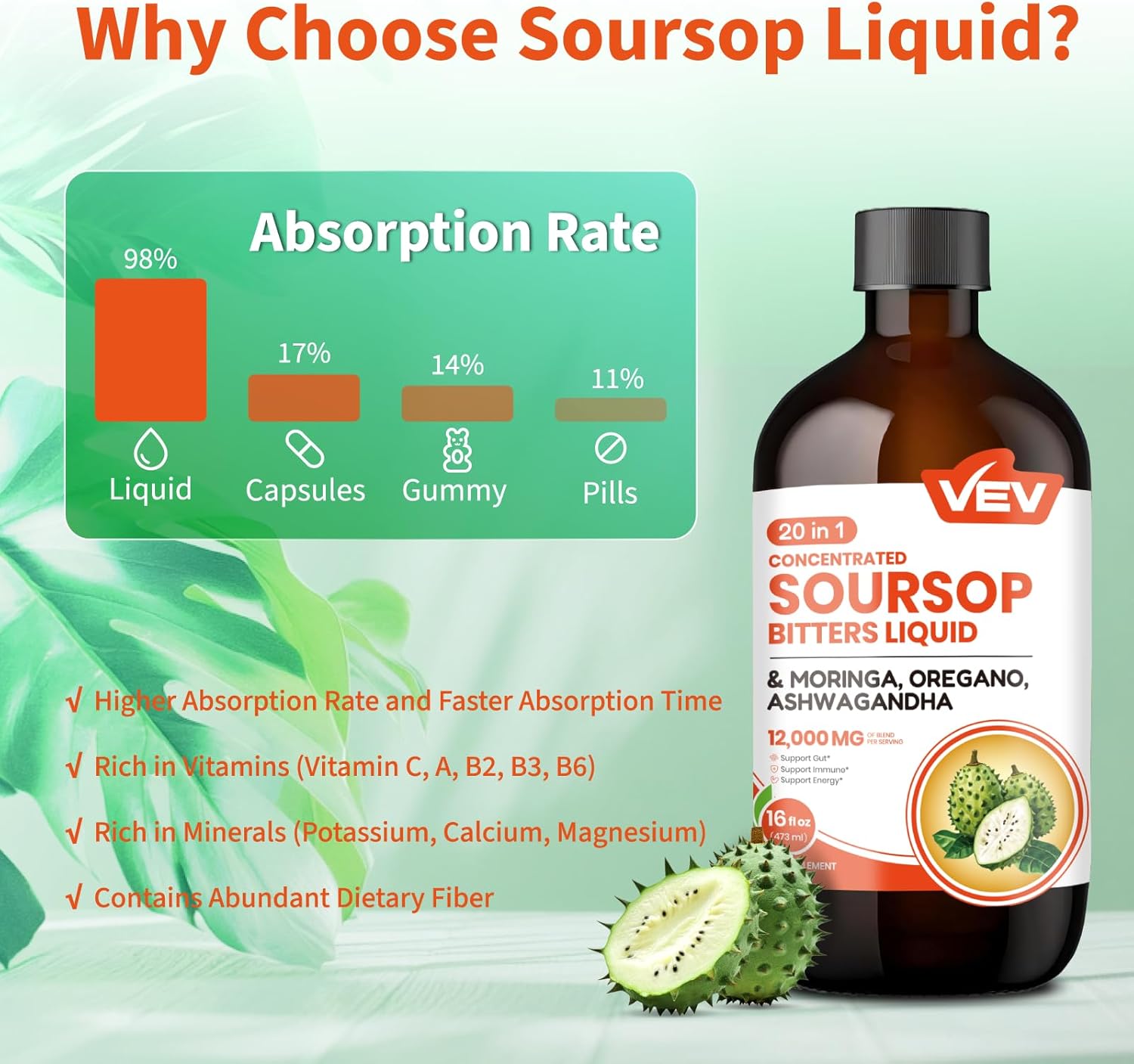 Vev Soursop Bitters Liquid, Graviola Extract Sugar-Free Formula, 16 Fl Oz, 20 In 1, With Black Seed, Moringa & Oregano, Digestive Health & Immune Function, Stress Relief, Sleep Support, Natural Flavor : Health & Household