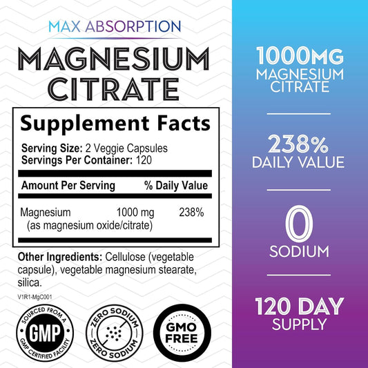 Magnesium Citrate Extra Strength 1000 Mg - High Absorption Magnesium Supplement For Muscle, Bone, Nerve & Heart Health Support, Magnesio Vitamin Pills, Non-Gmo, Nature'S Premium Formula - 240 Capsules