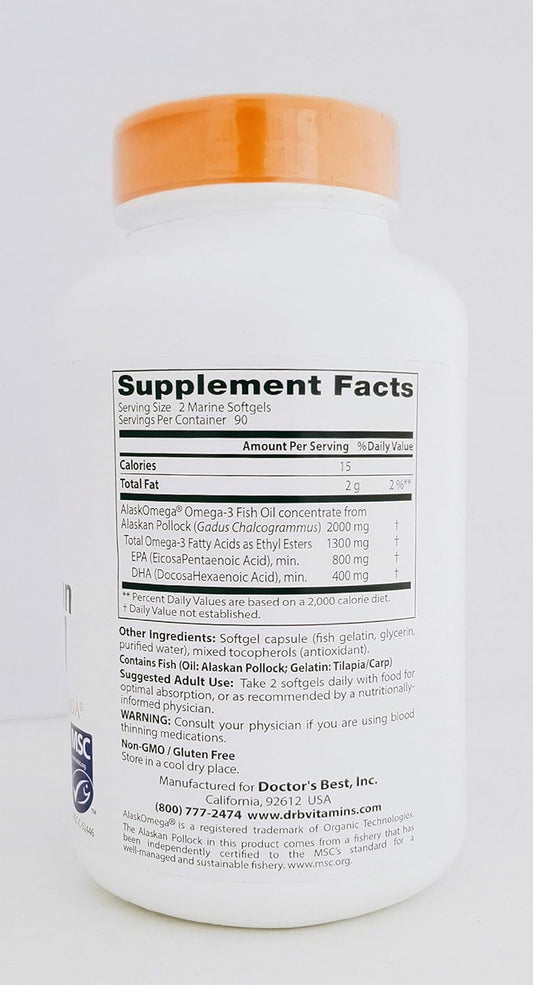 Doctor'S Best Pure Wild Alaskan Fish Oil With Alaskomega, Heart, Brain, Mental Wellbeing, Eyes, Non-Gmo, Gluten Free, 180 Marine Softgels