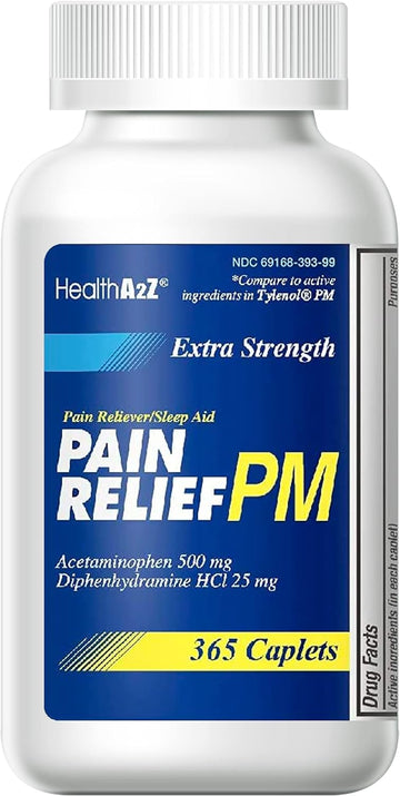 Healtha2Z® Extra Strength Pain Relief Pm| Acetaminophen 500Mg | Diphenhydramine 25Mg | Pain Reliever & Nighttime Sleep Aid | Non-Habit Forming (365 Count (Pack Of 1))