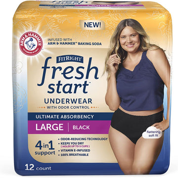 Fitright Fresh Start Urinary And Postpartum Incontinence Underwear For Women, Large, Black, Ultimate Absorbency, With The Odor-Control Power Of Arm & Hammer Baking Soda (12 Count, Pack Of 1)