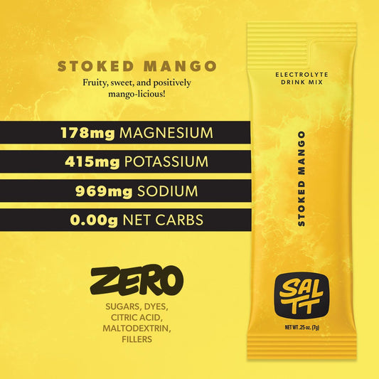 Saltt Electrolytes Powder Flavored Drink Mix - Stoked Mango - 30 Hydration Packets - Magnesium, Potassium, Sodium, Trace Minerals - Zero Sugar & Gluten Free - Travel Essentials - By Keto Chow