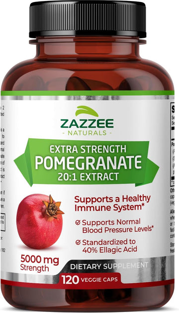 Zazzee Extra Strength Pomegranate 20:1 Extract, 5000 Mg Strength, 40% Ellagic Acid, 120 Vegan Capsules, 4 Month Supply, Standardized, Concentrated 20X Extract, 100% Vegetarian, All-Natural And Non-Gmo