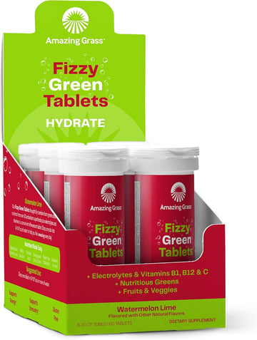 Amazing Grass Electrolyte Tablets Fizzy Greens Water Flavoring Tablet With Vitamins Hydrate Watermelon Lime 60 Count