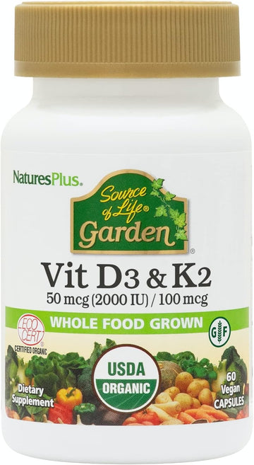 Natures Plus Source Of Life Garden Vitamin D3 & K2-60 Vegan Capsules - Promotes Bone Support, Immune Function, Cardiovascular Health & Mood Balance - Vegan, Gluten Free - 60 Servings