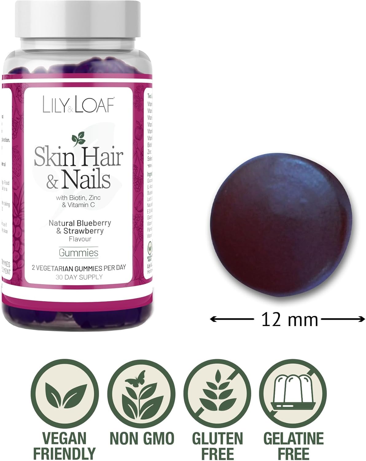 Lily & Loaf Skin, Hair & Nail Gummies – 60 Vegetarian Gummies | 30-Day Supply | With Biotin & Vitamin E For Hair Growth, Skin Radiance & Nail Strength | Beauty Supplement For Women & Men