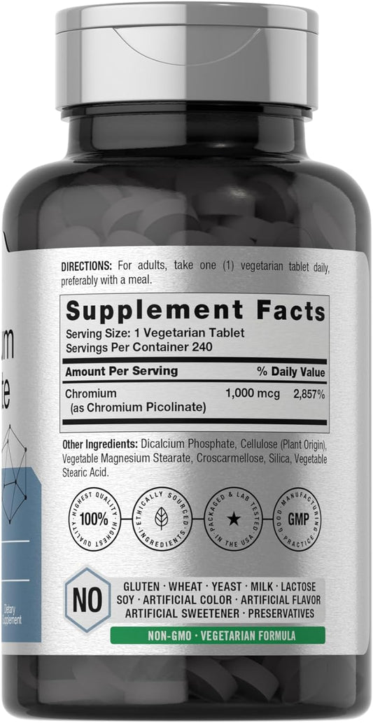 Horbaach Chromium Picolinate 1000mcg | 240 Tablets | Vegetarian Formula | Non-GMO, Gluten Free Supplement