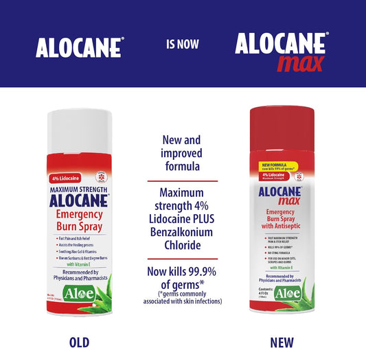 Alocane Emergency Burn Spray, 4% Lidocaine Max Strength Fast Pain Itch Relief For Minor Burns, Sunburn, Kitchen First Aid Treatment Burn Care, 4 Fl Oz