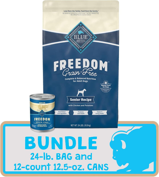 Blue Buffalo Freedom Natural Senior Grain Free Dog Food Bundle, Dry Dog Food And Wet Dog Food, Chicken (24-Lb Dry Food + 12.5Oz Cans 12Ct)