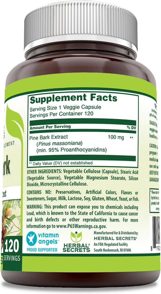 Herbal Secrets Pine Bark Extract Supplement | 100 Mg Per Serving | 120 Veggie Capsules | Non-Gmo | Gluten-Free | Made In Usa