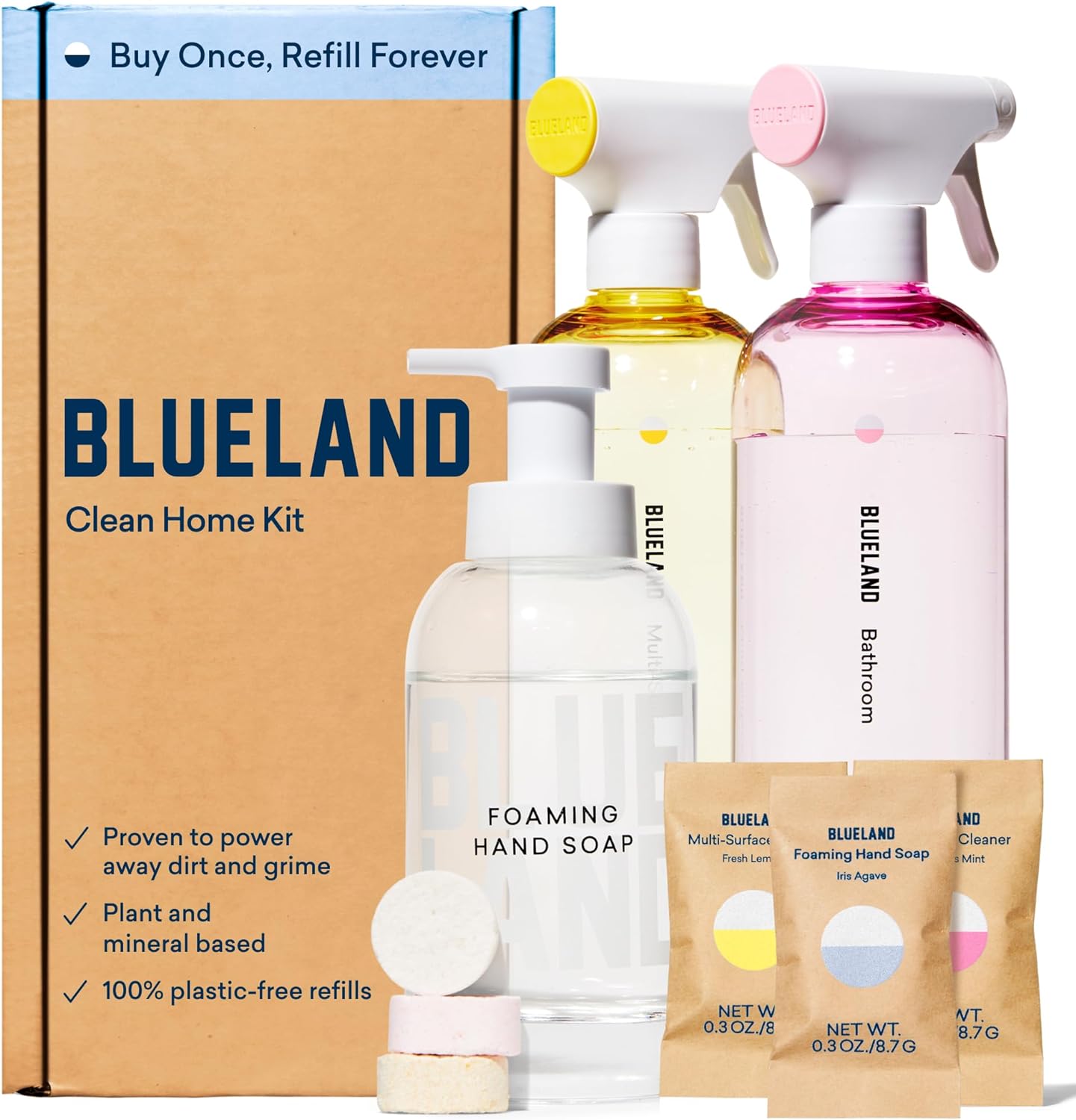 Blueland Clean Home Kit (3 Reusable Bottles + 3 Tablet Refills) Natural All Purpose Cleaner For Kitchen And Counters, Bathroom Cleaner For Shower And Sink, And Foaming Hand Soap