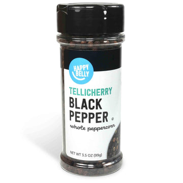 Amazon Brand - Happy Belly Tellicherry Black Pepper Whole Peppercorn, 3.5 ounce (Pack of 1)