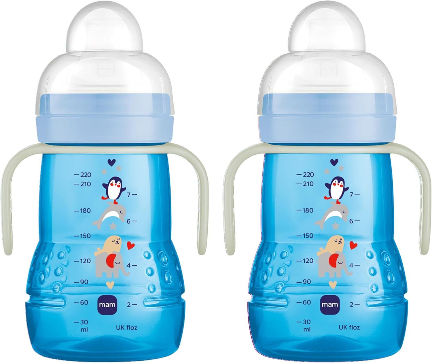 Mam Trainer Sippy Cup For Toddlers 1-3, 8 Oz. Transition Drinking Cup With Extra-Soft Spout, Spill-Free Nipple, And Non-Slip Handles, For Boys 4+ Months, 2 Count