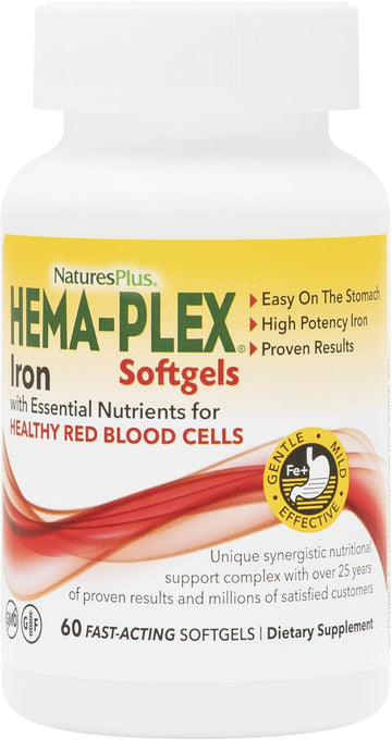 Natures Plus Hema-Plex Softgels - 85 Mg Elemental Iron,60 Count (Pack Of 1) Softgels - Fast Acting Supplement For Total Blood Health - Gentle Formula - Gluten-Free - 20 Total Servings, 60 Count