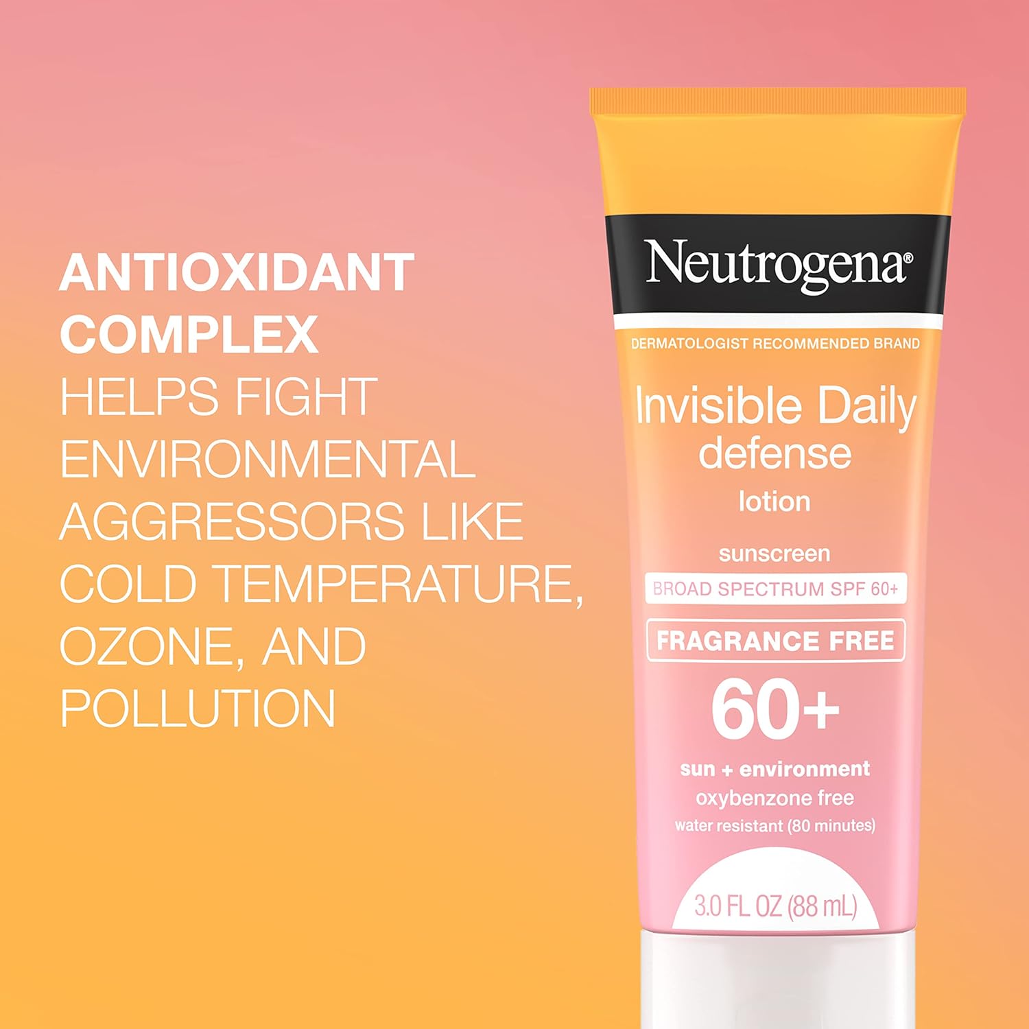 Neutrogena Invisible Daily Defense Fragrance-Free Sunscreen Lotion, Broad Spectrum SPF 60+, Oxybenzone-Free & Water-Resistant, Sun & Environmental Aggressor Protection, 3.0 fl. Oz : Beauty & Personal Care