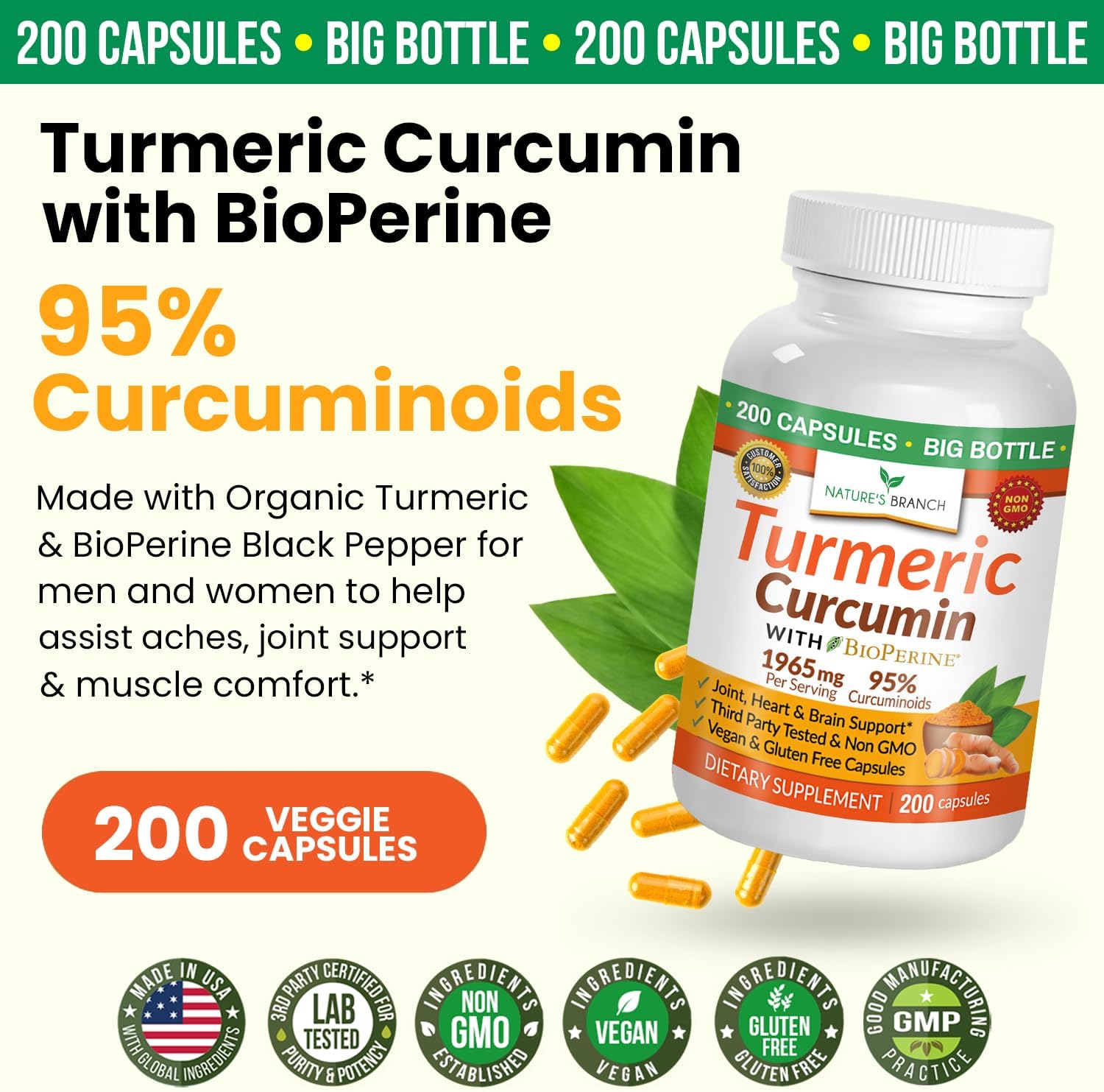 Turmeric Curcumin with Black Pepper BioPerine - 200 Capsules - Extra Strength 1965mg Joint Support Supplement, High Absorption, Made in USA w/Organic Root Powder, Vitamin Extract Complex Vegan Pills : Health & Household