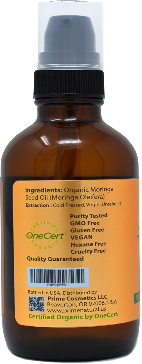 Prime Natural Organic Moringa Oil Usda Certified, 100% Pure, Cold Pressed, Virgin, Unrefined Oil (4Oz /120Ml) - Joints, Skin, Face, Body & Hair - Vegan - Food Grade - Natural Moisturizer : Beauty & Personal Care