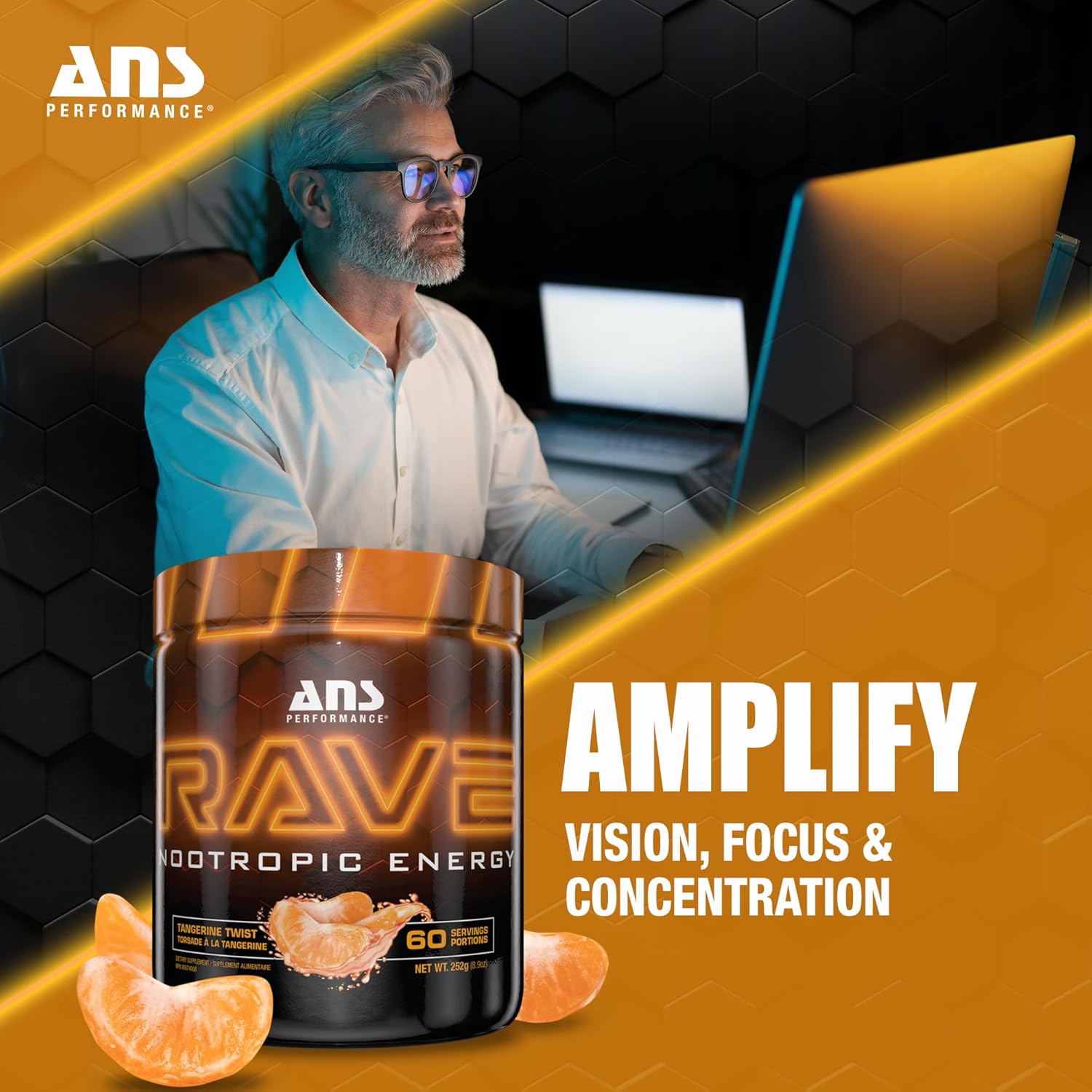 Rave (60 Servings, 8.9 Oz) – High Energy, No Crash Formula - Memory & Focus Supplement - Sugar-Free- Boost Mind-Body Neural Connections (Tangerine Twist)