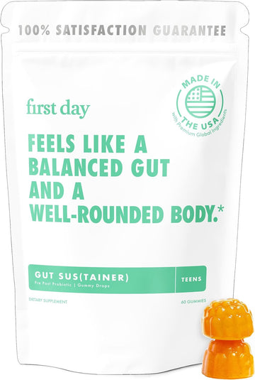 First Day Teens’ Gut Sustainer Tribiotic Gummies – 3-In-1 Prebiotic, Probiotic & Postbiotic Supplement – Supports Digestive, Skin, Oral & Immune Health, Nutrient Absorption & Growth – 60-Day Supply