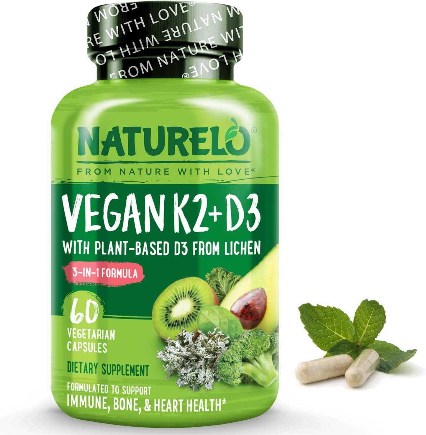 Naturelo Vegan K2+D3 - Plant Based D3 From Lichen - Natural D3 Supplement For Immune System, Bone Support, Joint Health - Whole Food - Vegan - Non-Gmo - Gluten Free,Capsule (60 Count (Pack Of 1))